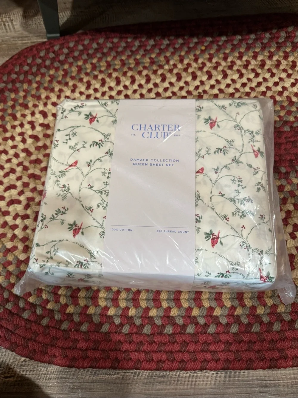 Charter Club Green and Red Holly/Cardinal Print Holiday Sheet Set